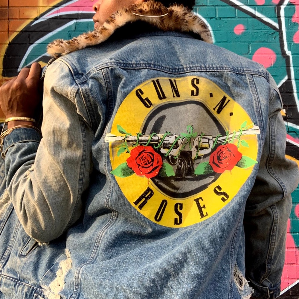 Guns & Roses Jean Jacket with Leopard Collar